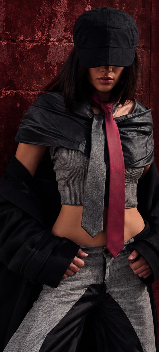 Future Fashion look with black cap and burgundy tie