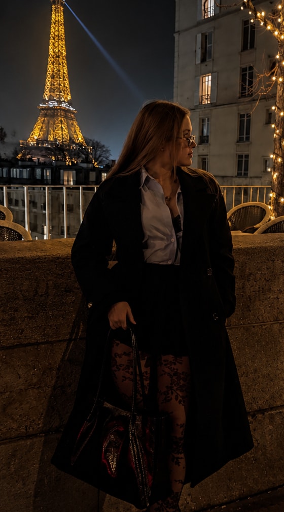 Erin Gowers in Paris, wearing black tailoring