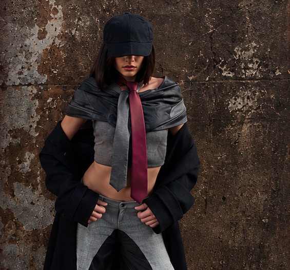 Black and grey sculptural tailoring with a burgundy tie against an industrial wall